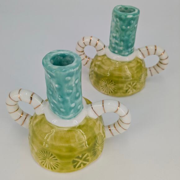 Artisan Stoneware Taper Candle Holders Dual Handles Whimsical Teal Lime Gold Set - Picture 12 of 12